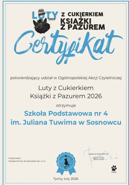 Certyfikat udziału w akcji „Luty z Cukierkiem - Książki z Pazurem”